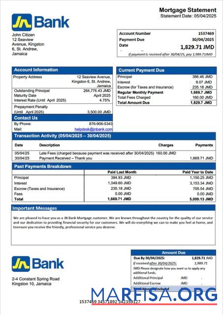 Printable Jamaica National Bank (JN Bank) mortgage statement Word and PDF template